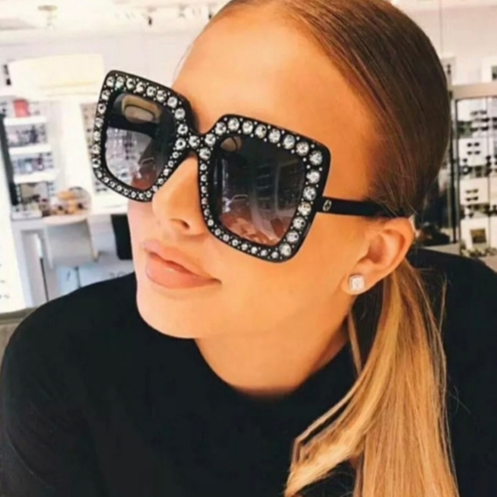 Oversized Square Black Sunglasses With Faux Diamond Rhinestone Frames + Dustbag